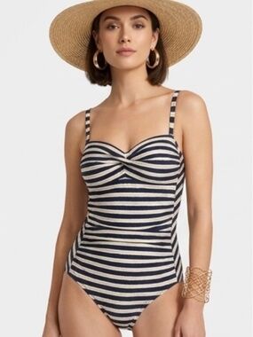 Nip Tuck Swim Navy Blue & Gold Metallic Striped One Piece Swimsuit Sz US 6 Beach
